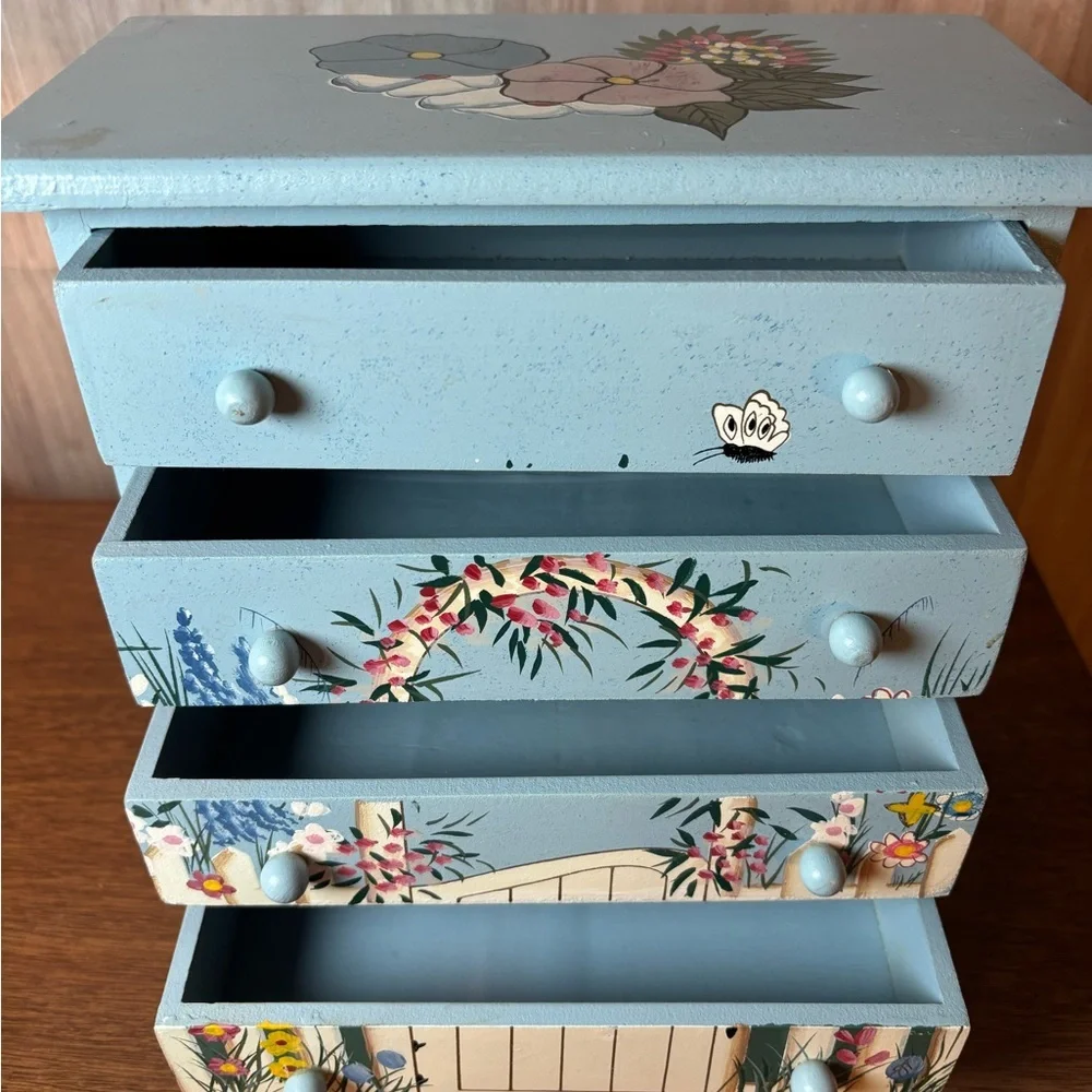 Vintage Gorgeous Hand-Painted Floral Garden Jewelry Chest - Blue
